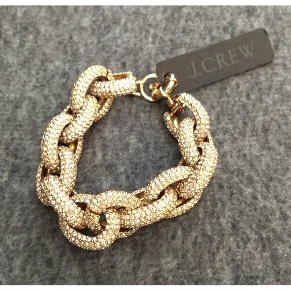 J Crew Pave Crystal‎ Chain Link Bracelet Gold-Tone Chunky Rhinestone Storage NEW
